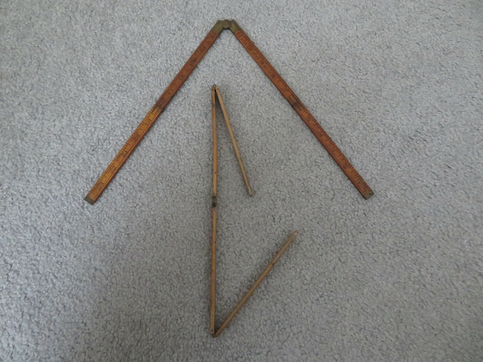 2 Rare 24in Cask Bottle Measuring Ruler, Folding Dip Stick, Wood & Brass