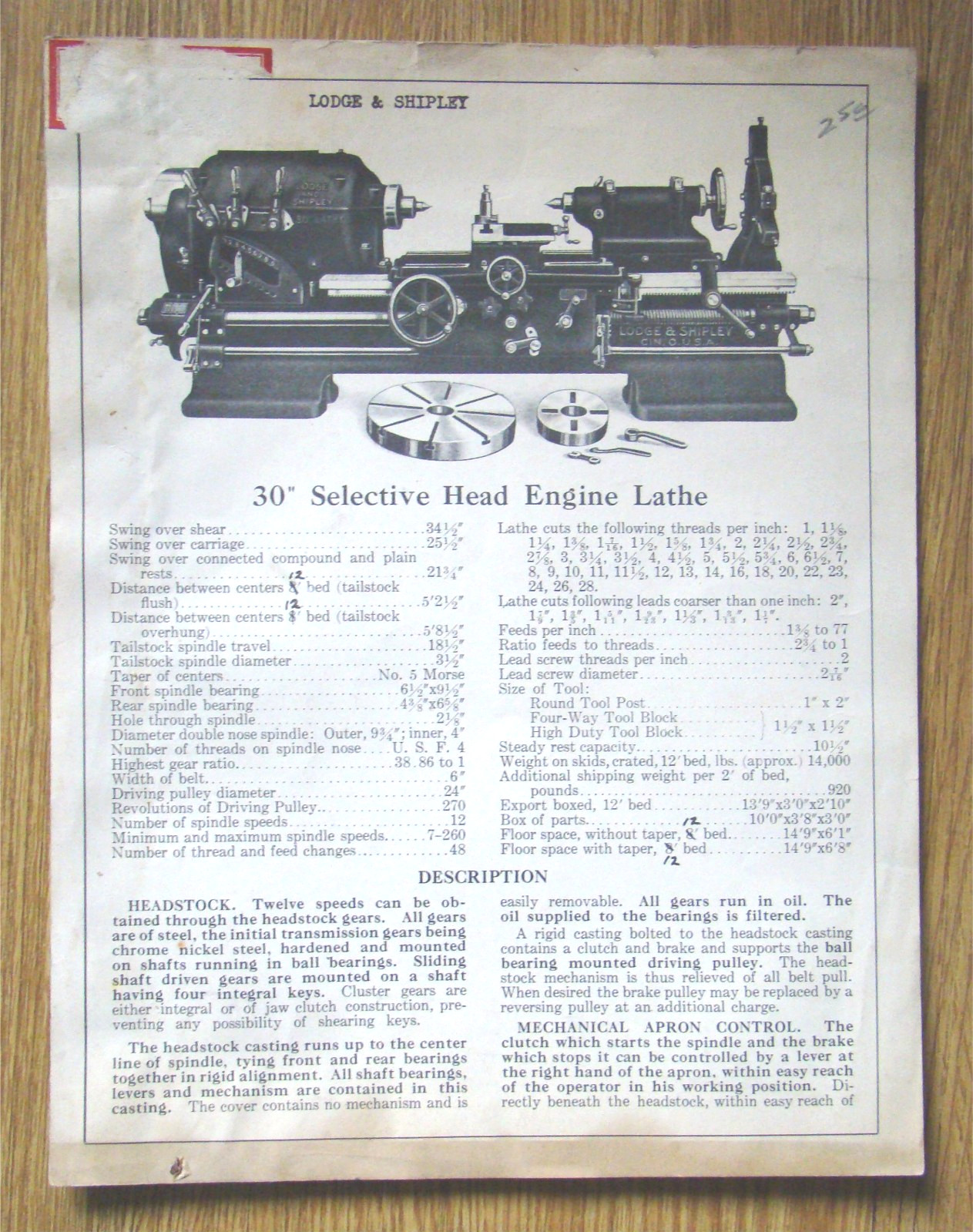 Antique Lodge & Shipley 30-Inch Engine Lathe Sales Brochure machine shop