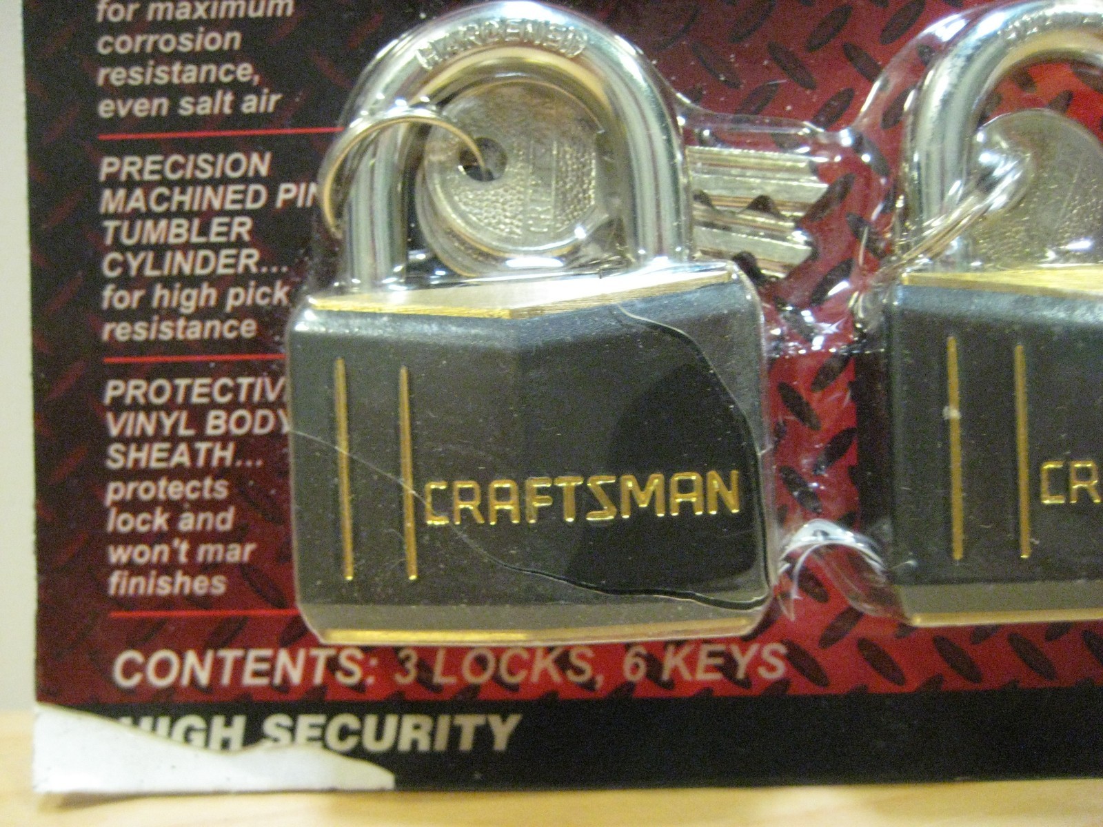 SEARS / CRAFTSMAN Weather Resistant Brass Padlock Set 3 Locks + 6 Keys 9-58328