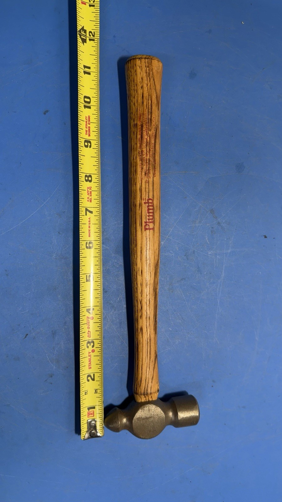 Plumb Vintage Ball Peen Hammer Wooden Handle USA 11 1/2” Long