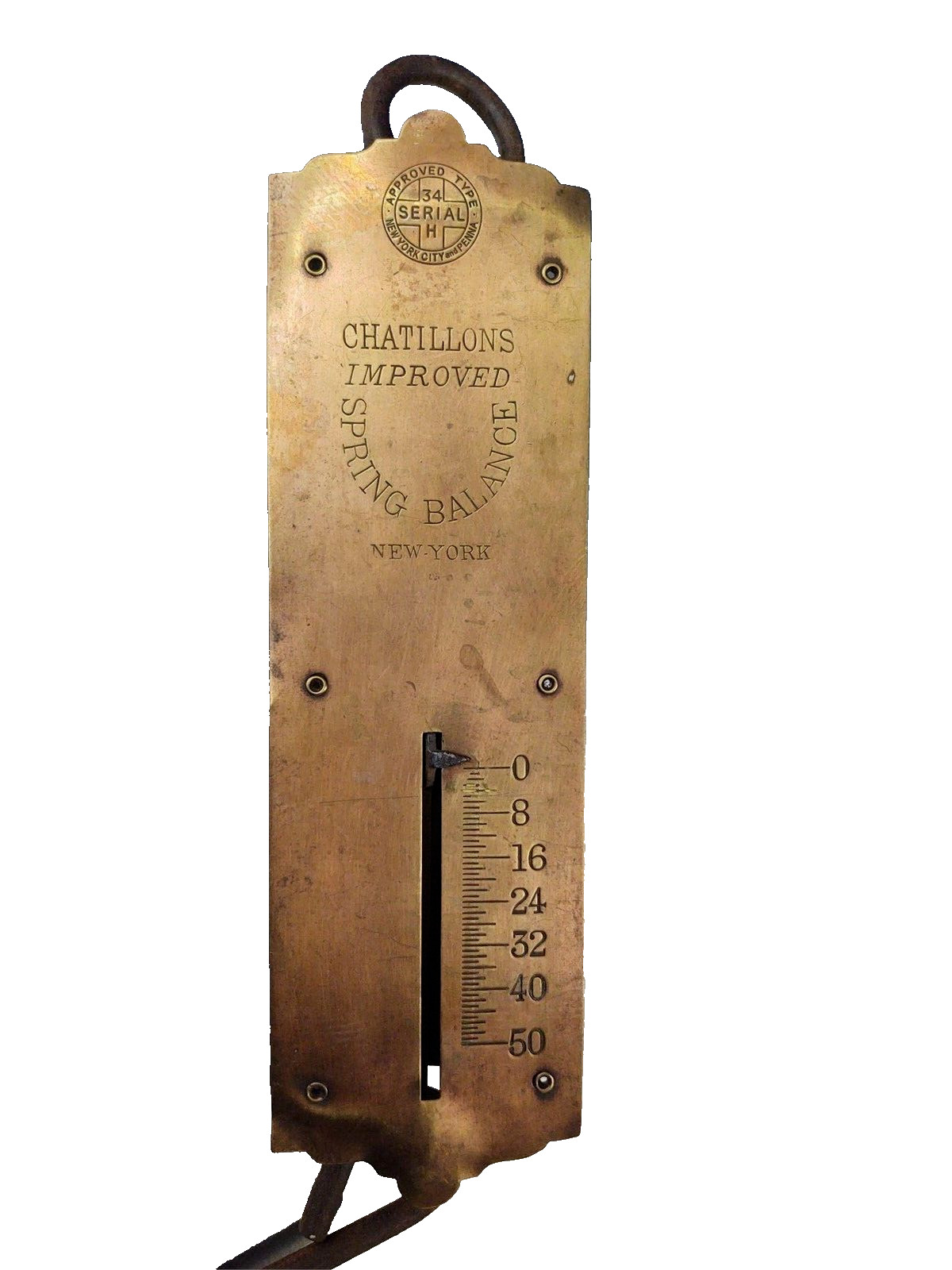 Vintage Hanging Scale Chatillon’s Balance Spring Scale Brass 50 lb New York 34H