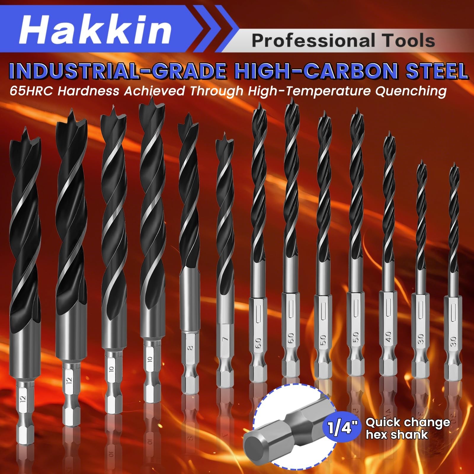 13PCS Hex Shank Brad Point Wood Drill Bit Set with Center Punch, 3/4/5/6/7/8/…