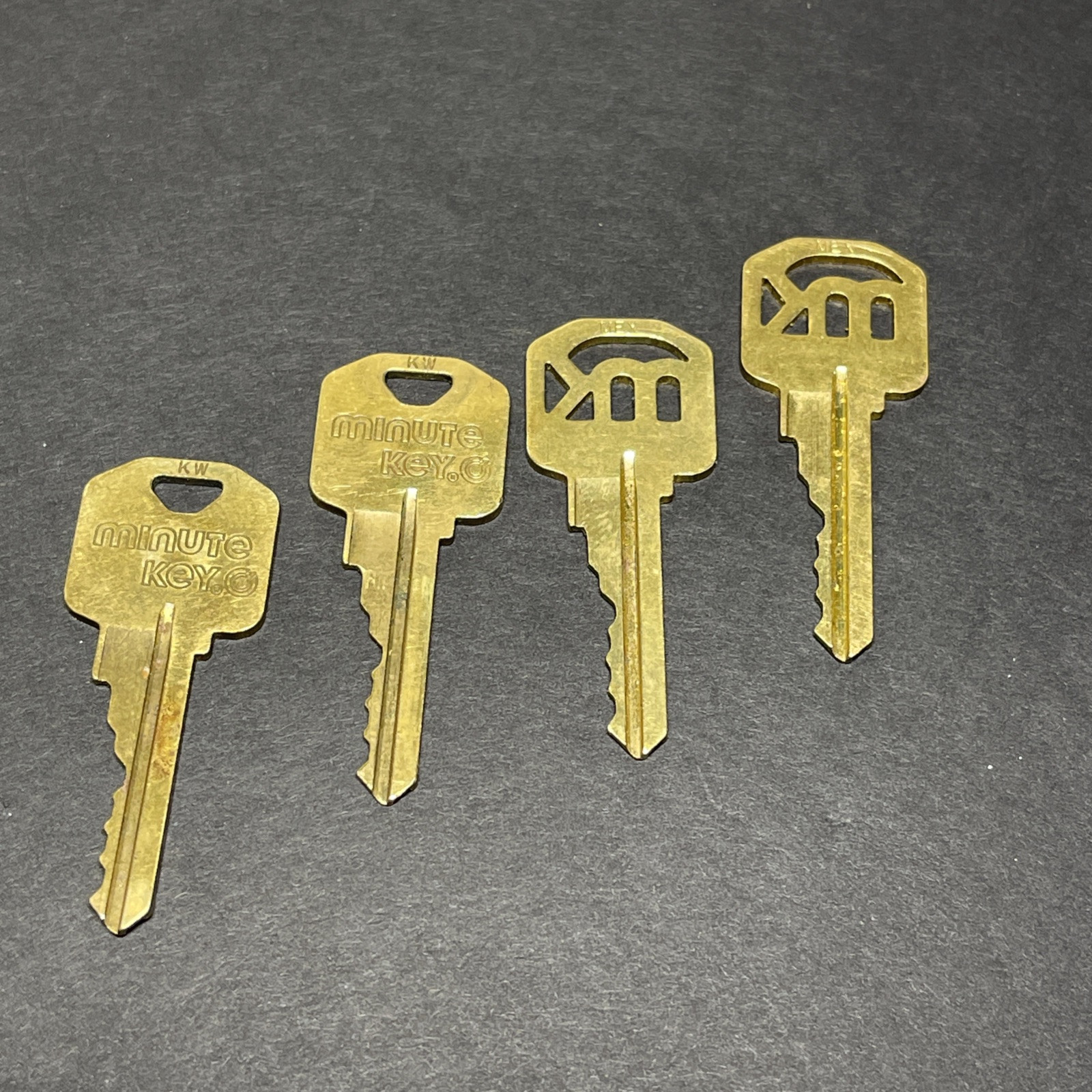 Brass Minute Keys Lot of 4 in 2 styles – Made in Mexico, Style KW