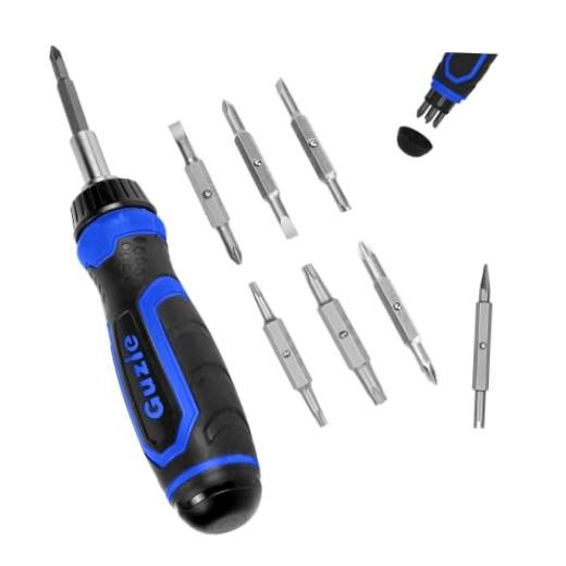 Guzie 15-in-1 Multi-Bit Ratcheting Screwdriver, 7 Double-Ended Tips |