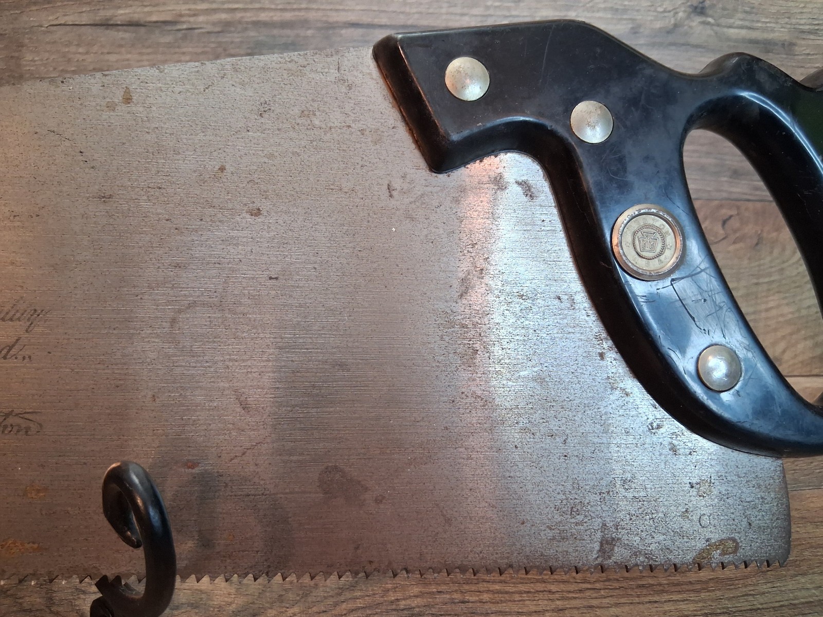 Disston D-111 Circa 1960 Black Nylon Handle Etched Saw 26″