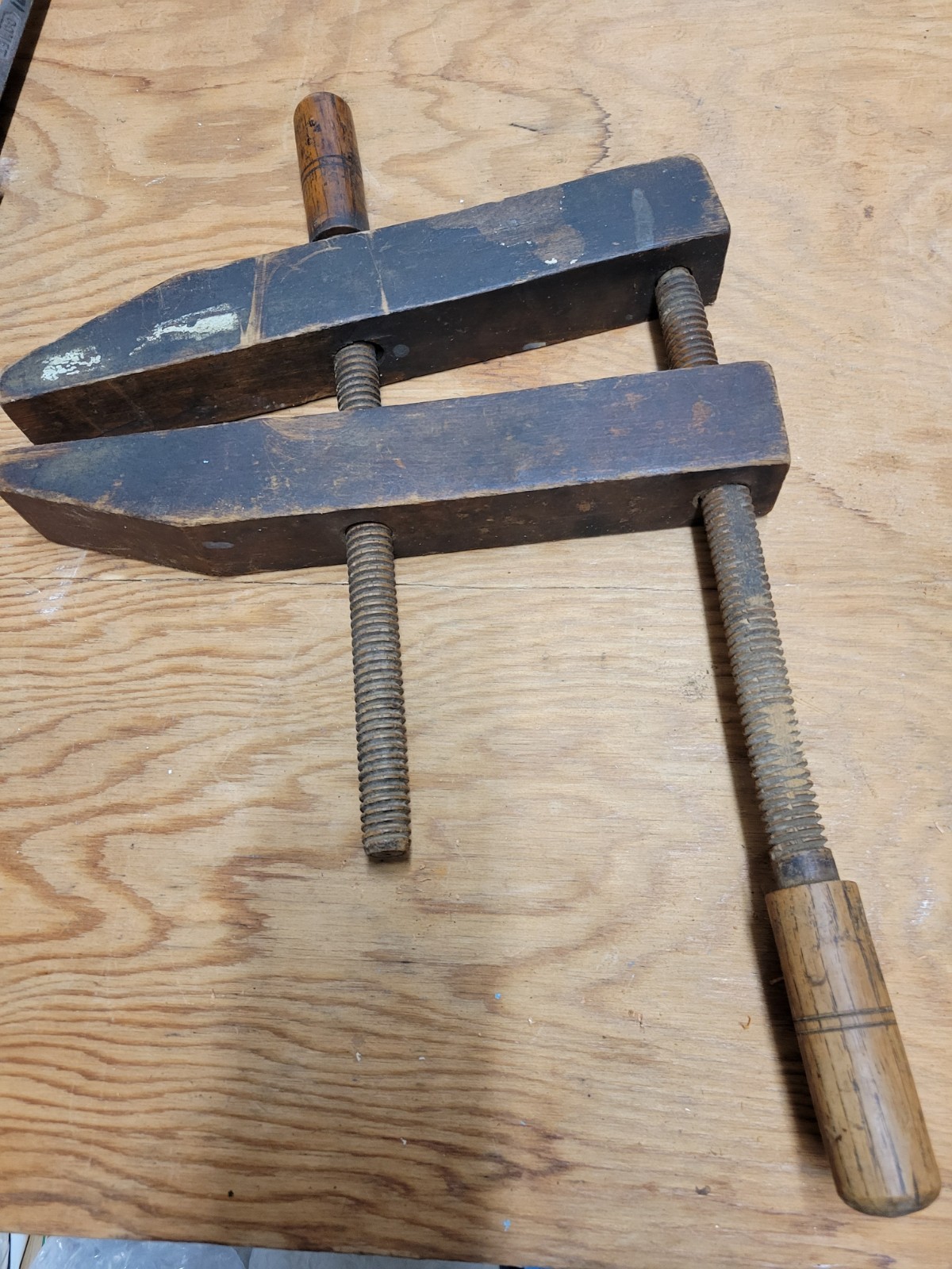 Vtg, Antique Lot of 3 Wooden Clamps w/ wood threads 14″,12″,10″