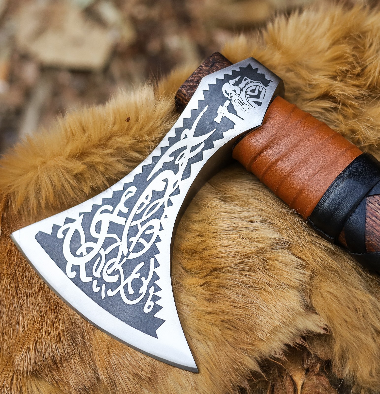 Valhalla Axe,CarbonSteel Viking Axe Head Engraved Handle,Wolf Camp Axes,VBA-04-A