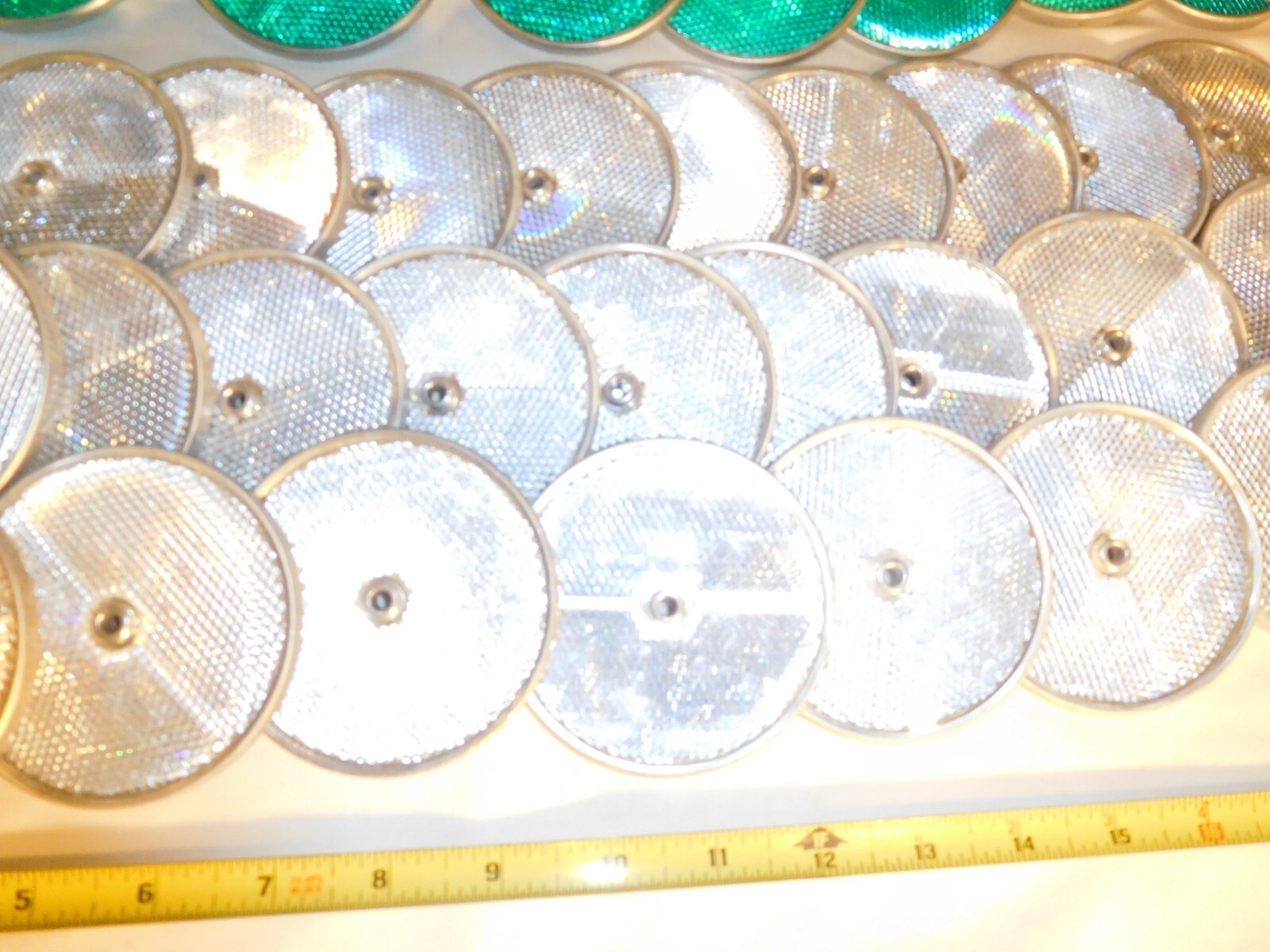 94 Vint. Made in USA Green, White & Orange Aluminum Center Hole 3-1/4 Reflectors