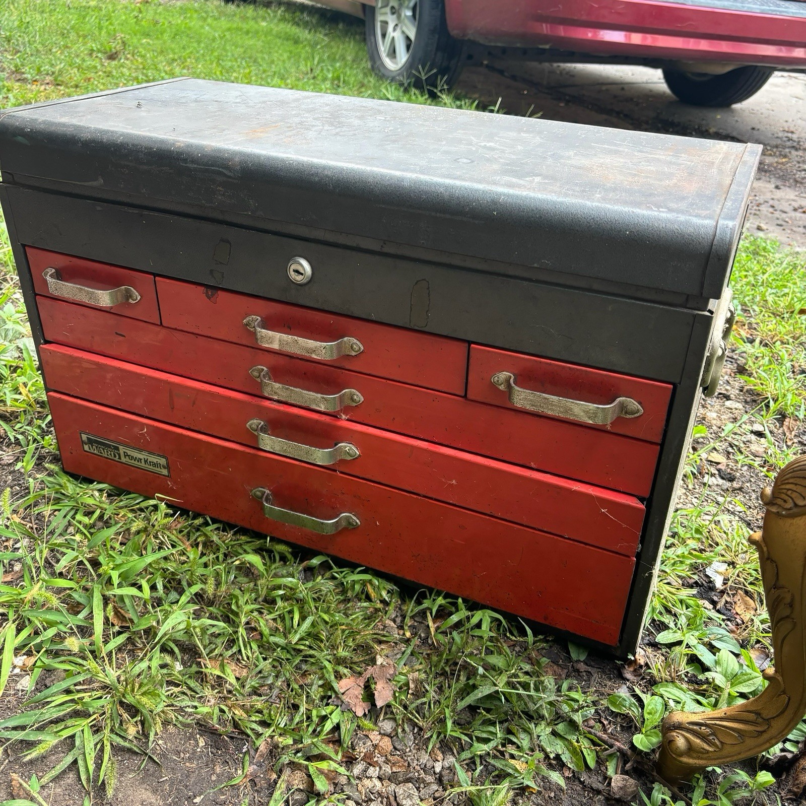 Vintage Montgomery Ward 6-Drawer Tool Chest Box Mechanics Toolbox Red Black USA