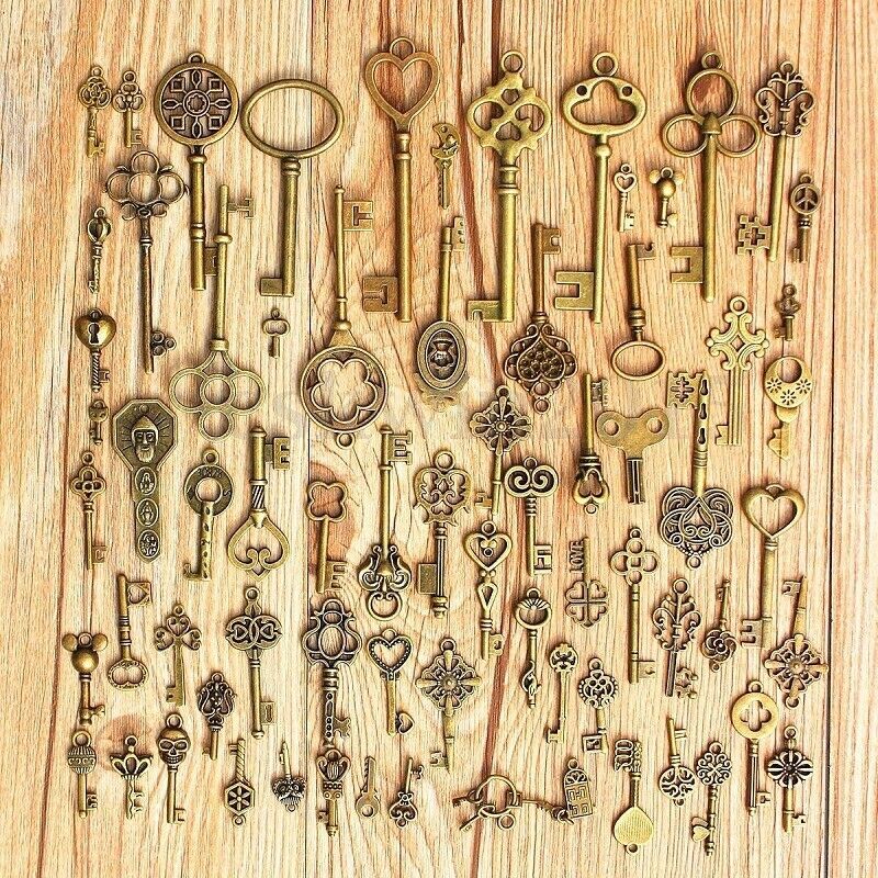 69 Pcs Set Antique Vintage Old Look Ornate Skeleton Key Fancy Heart Bow Decor US