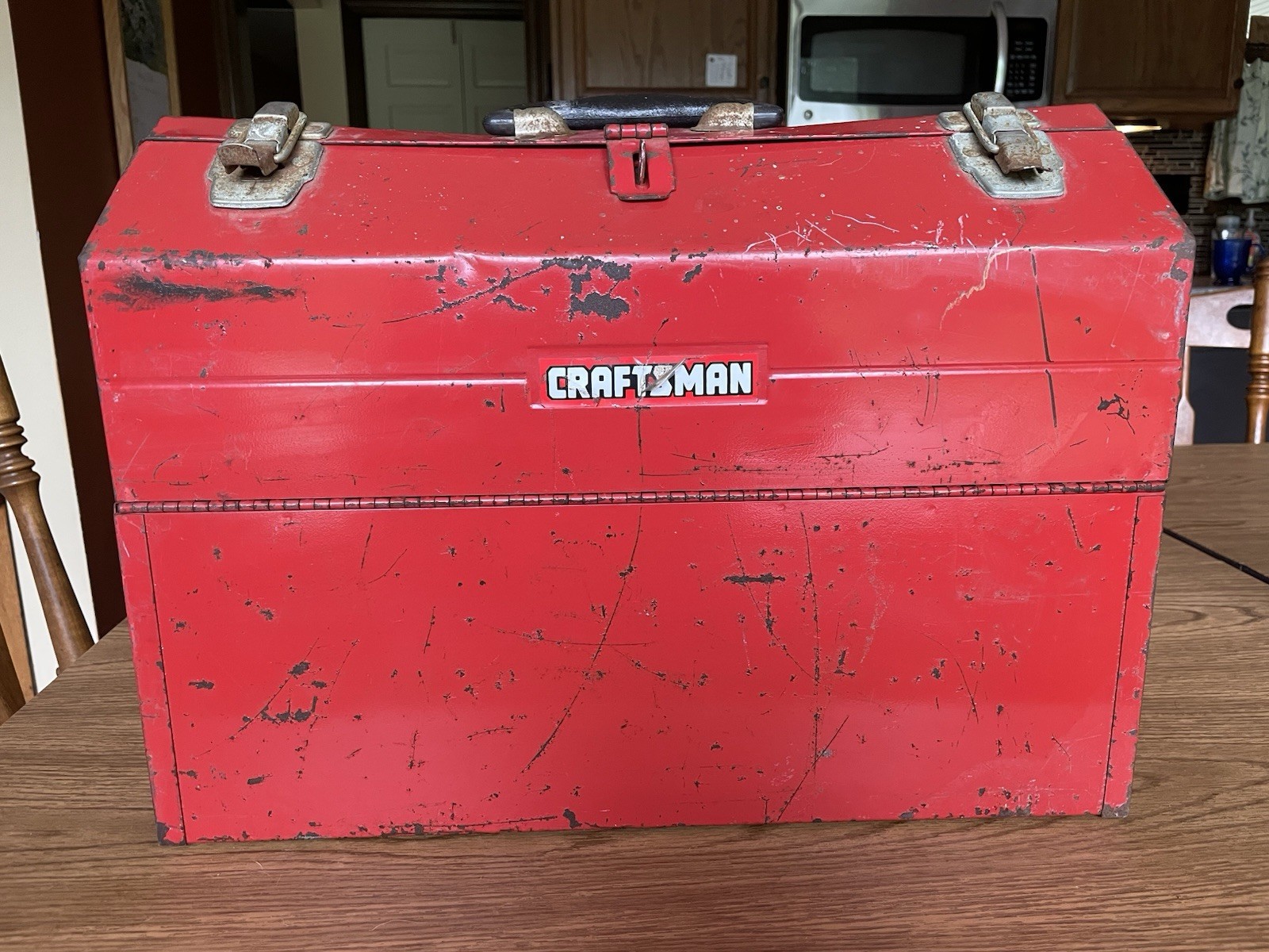 Vintage Craftsman Red #6536 Tombstone Metal Tool Box 4 Cantilever Roof Trays 18″