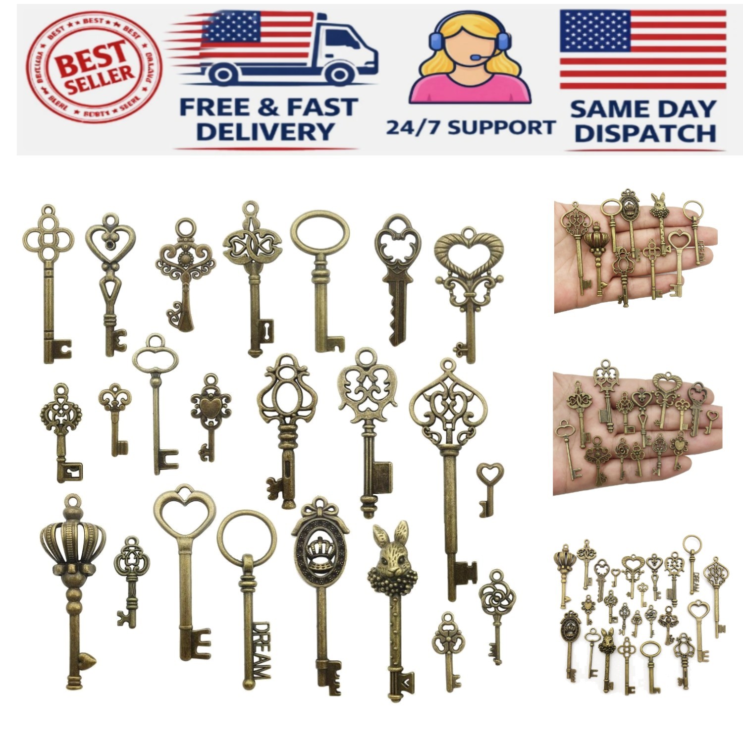 Set of 46 Antique Bronze Skeleton Keys – Ideal for Creative DIY Jewelry Designs
