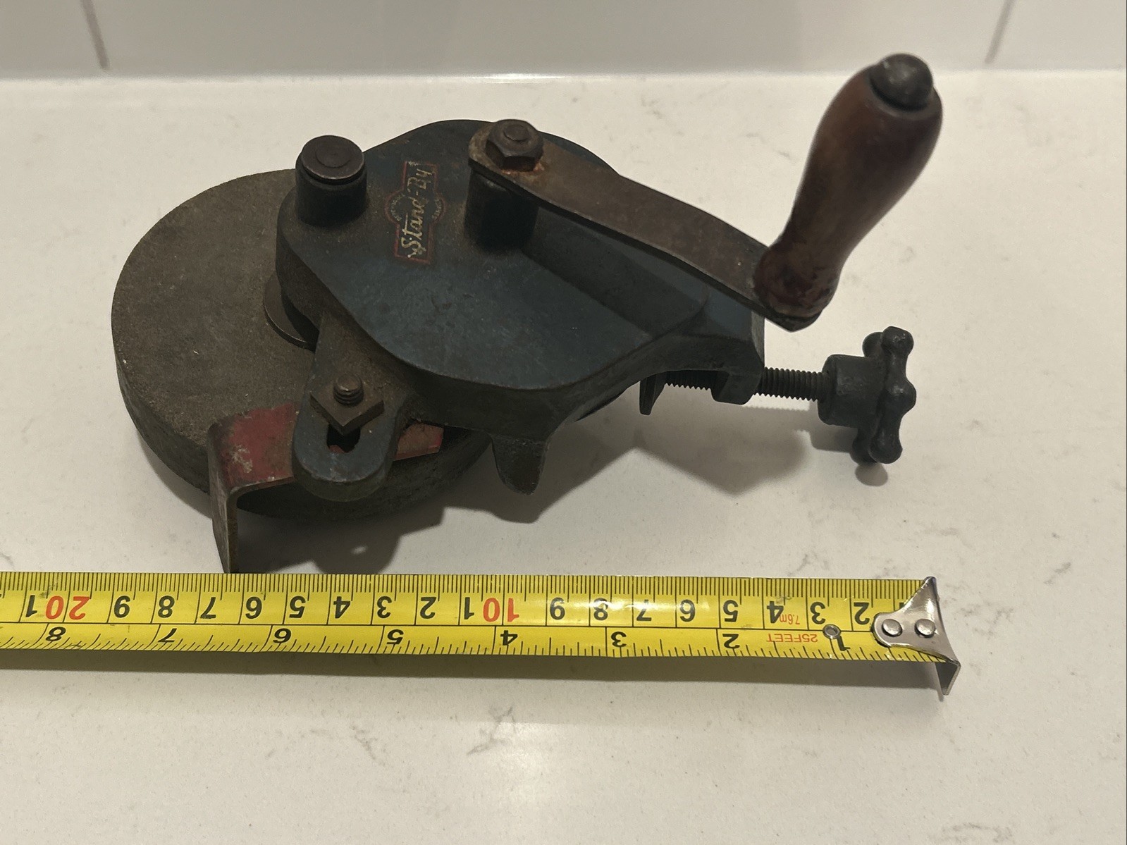 Vintage Stand-By Hand Crank Bench Grinder Clamp-On Sharpening Stone Cast Iron