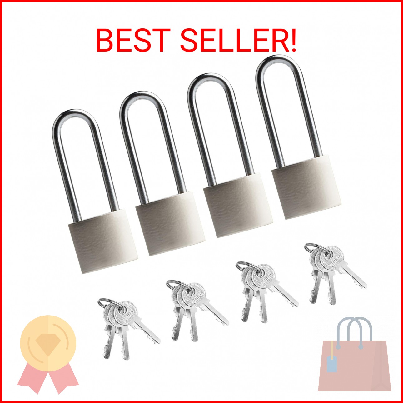 4 Pcs Silver Padlock with Keys, 3.4 Inch Long Keyed Padlocks, Shackle Pad Lock w