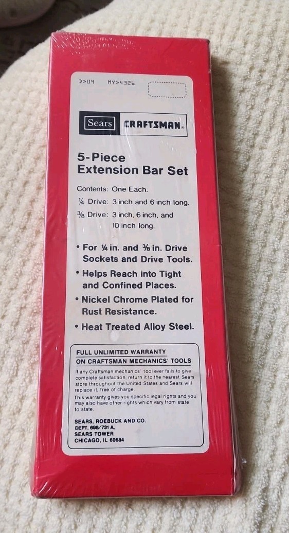 RARE VINTAGE SEARS 4326 CRAFTSMAN USA NOS 5pc EXTENSION BAR SET 1/4” 3/8” Pkg