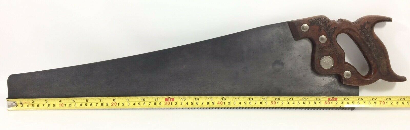 Vtg EC Atkins Co PERFECTION No. 53 Silver Steel Ornate Hand Saw Pat 1887 USA 26″