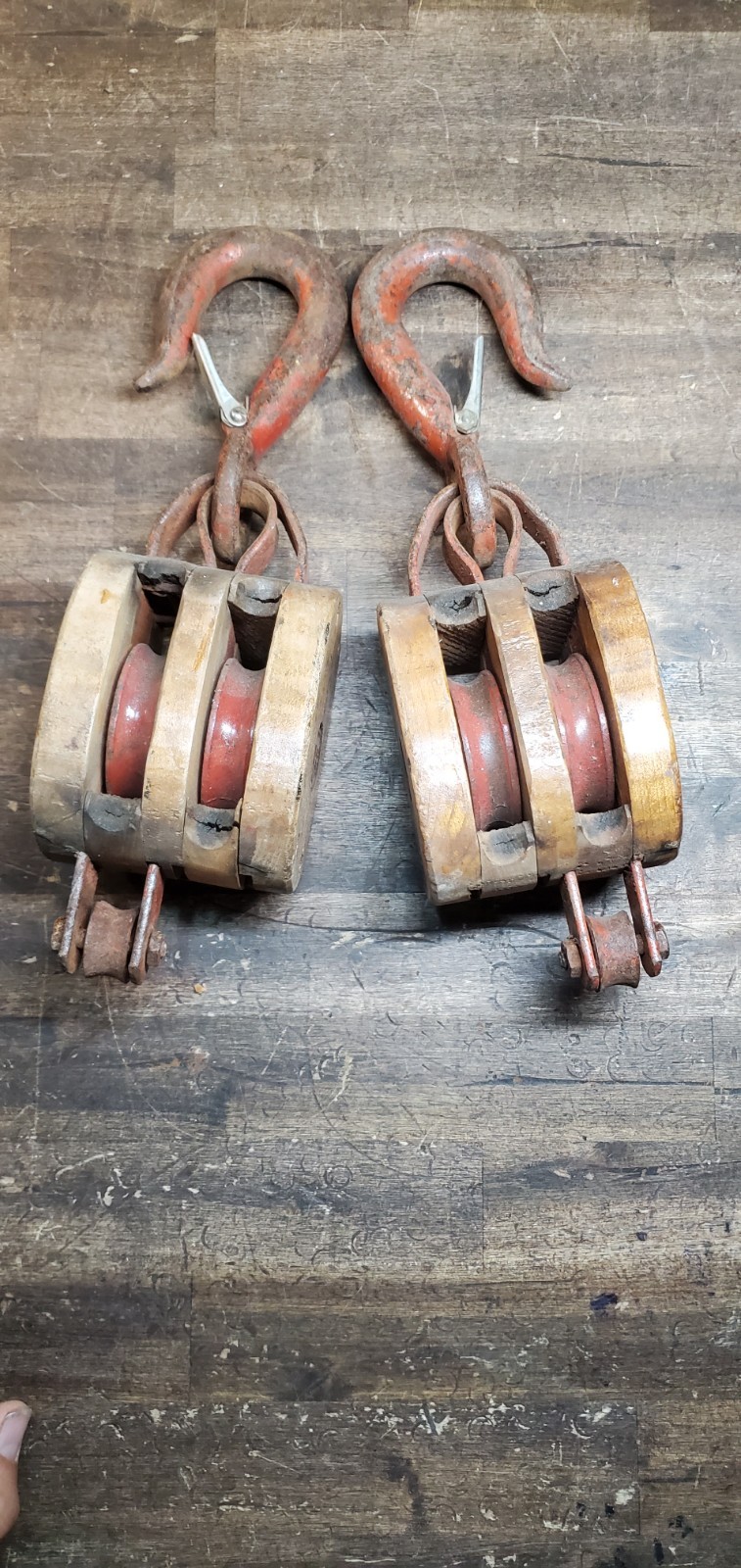 Two 2 Antique Old Anvil Brand Block and Tackle Wood and Iron GREAT CONDITION