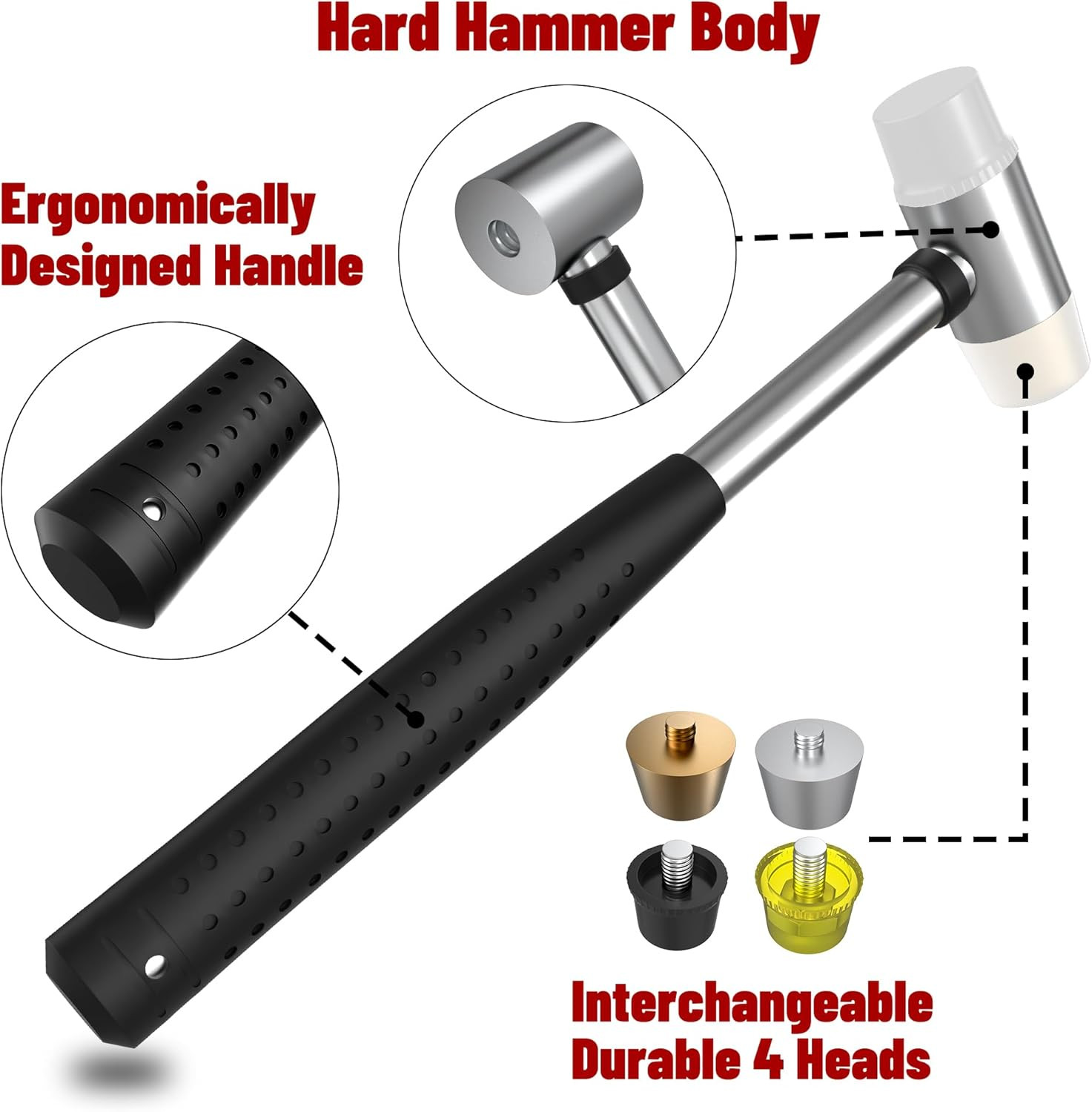 Small Brass Hammer,4 Interchangeable 1-Inch Heads,Jewelry Mallet | Includes Bras