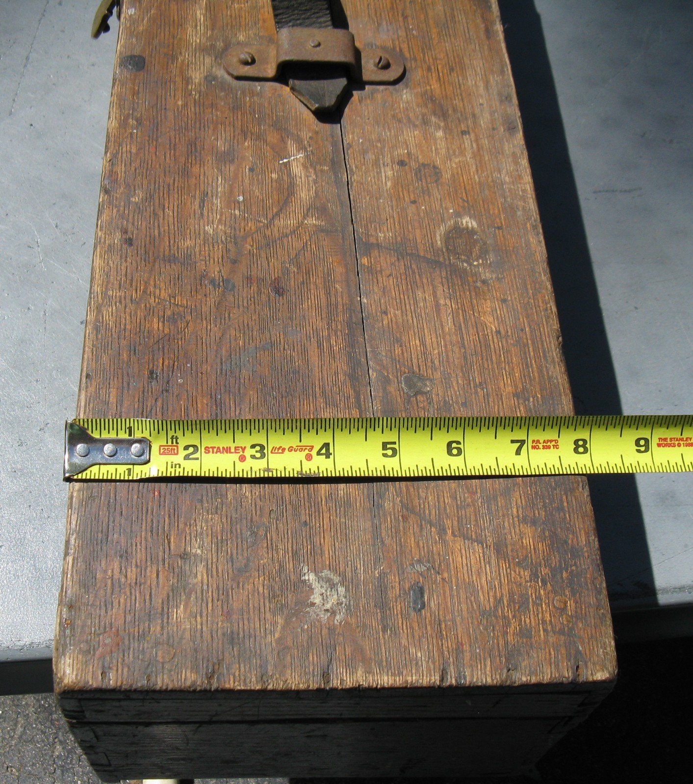 Antique Carpenters Box Wood Toolbox Brass Latch Leather Handle 32″ L