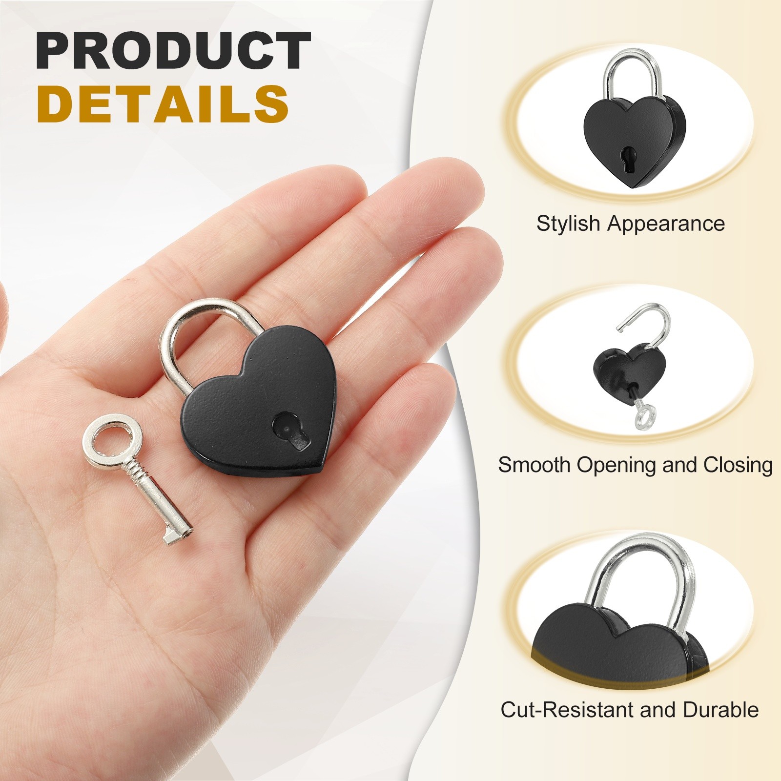 Mini Heart Lock with Key, (1.2×1.5 Inch, Black) (3Pcs), Heart Shaped Padlock