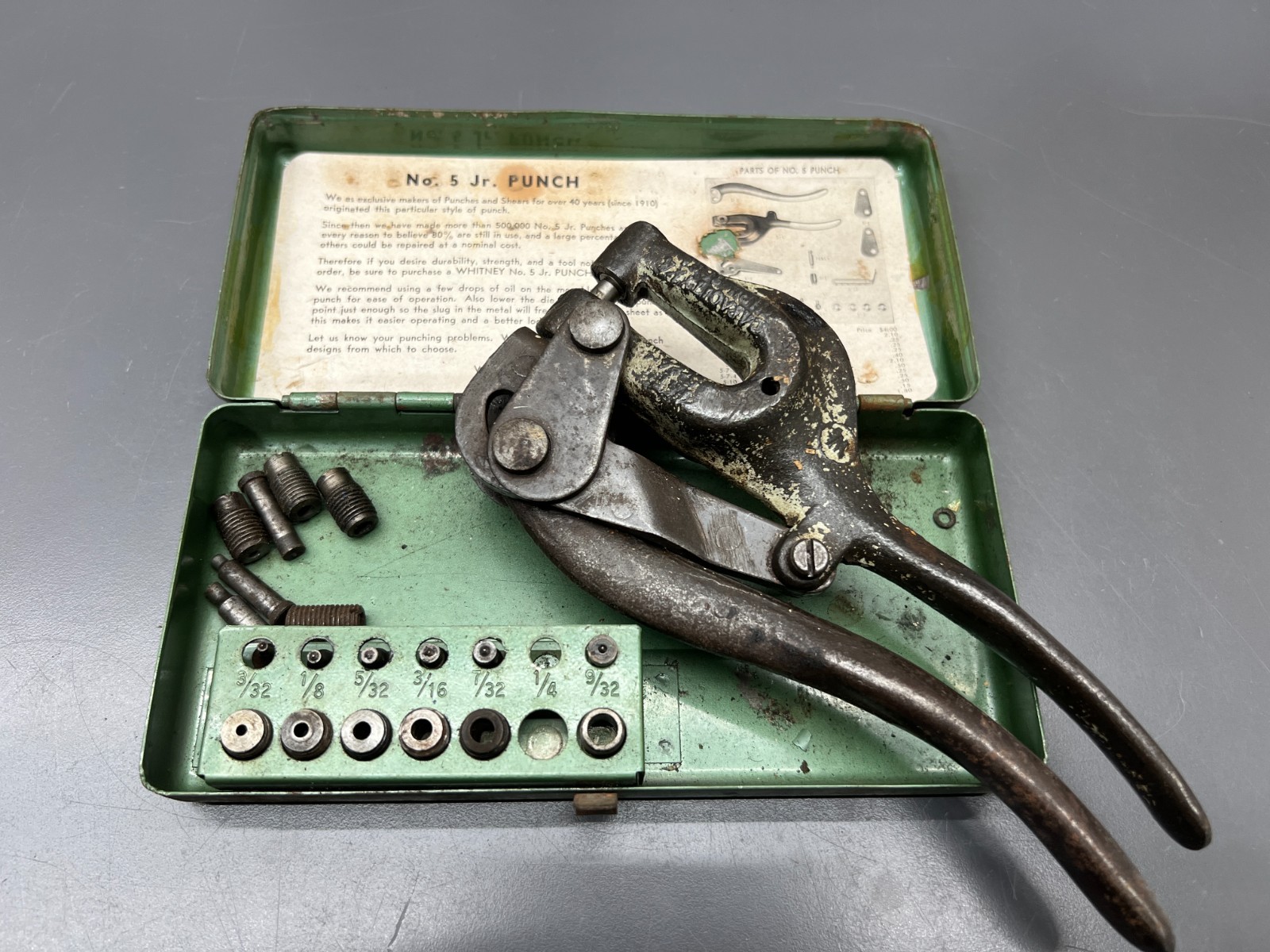 (F) VINTAGE WHITNEY METAL TOOL No. 5 JR COMPLETE HAND PUNCH SET SHEET METAL USA