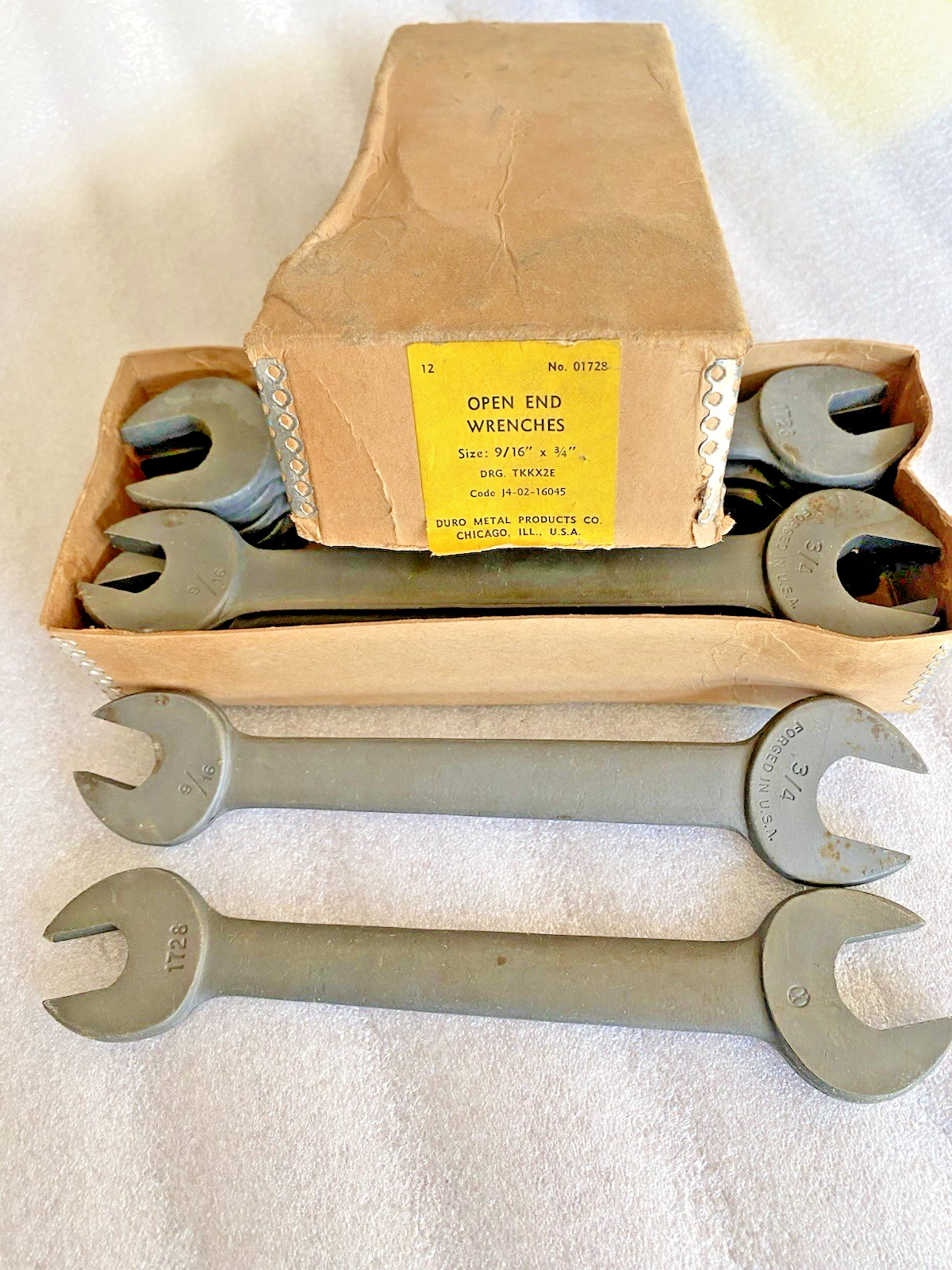 NOS Vintage Duro Indestro No. 01728 9/16 x 3/4 Open End Wrench Forged in USA