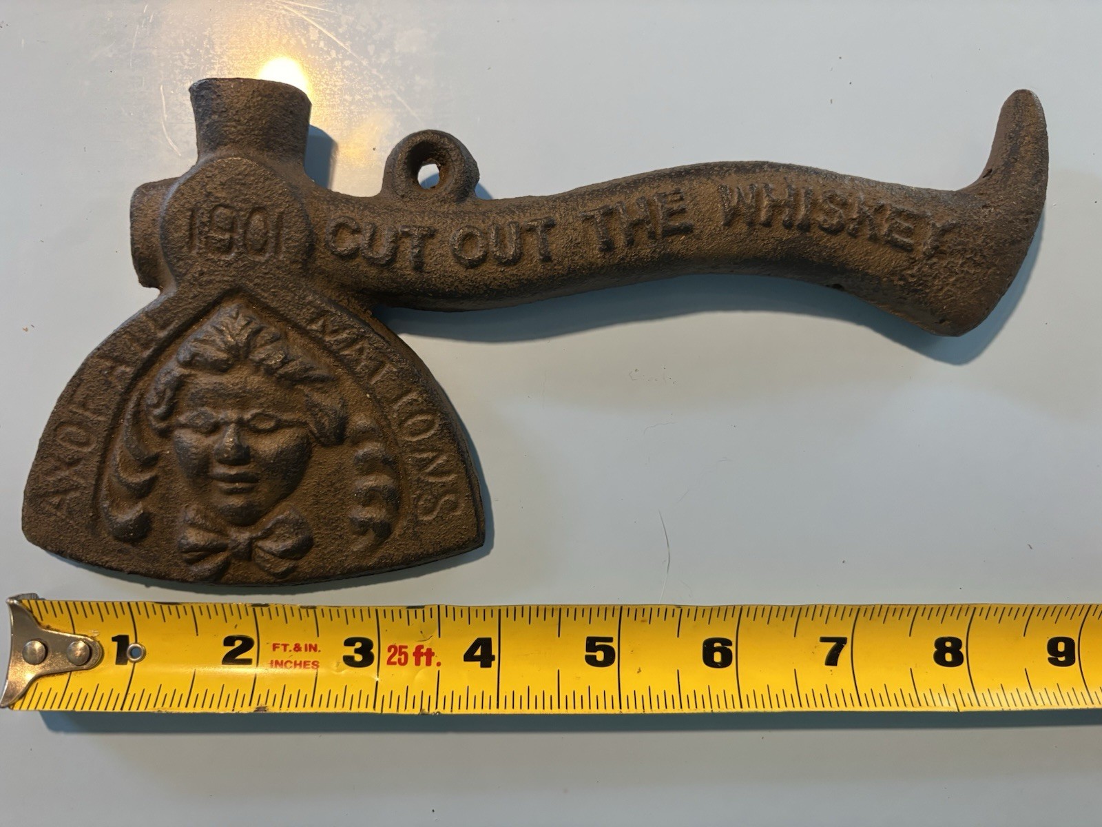 Old 1901 Carrie Nation hatchet/Stove Tool/Cast Iron Ad Prohibition Message