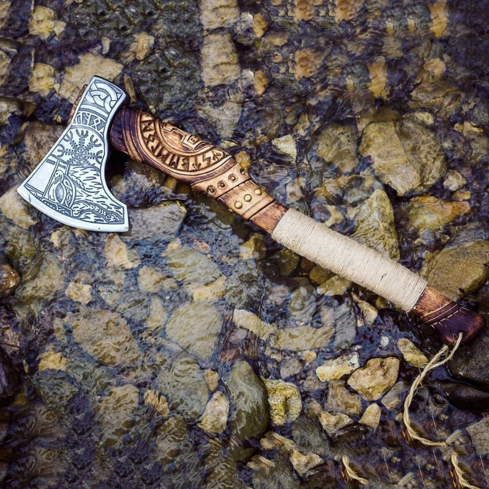Viking Axe Hatchet Bearded Axe Ragnar Axe Engraved Handle with Leather Sheath
