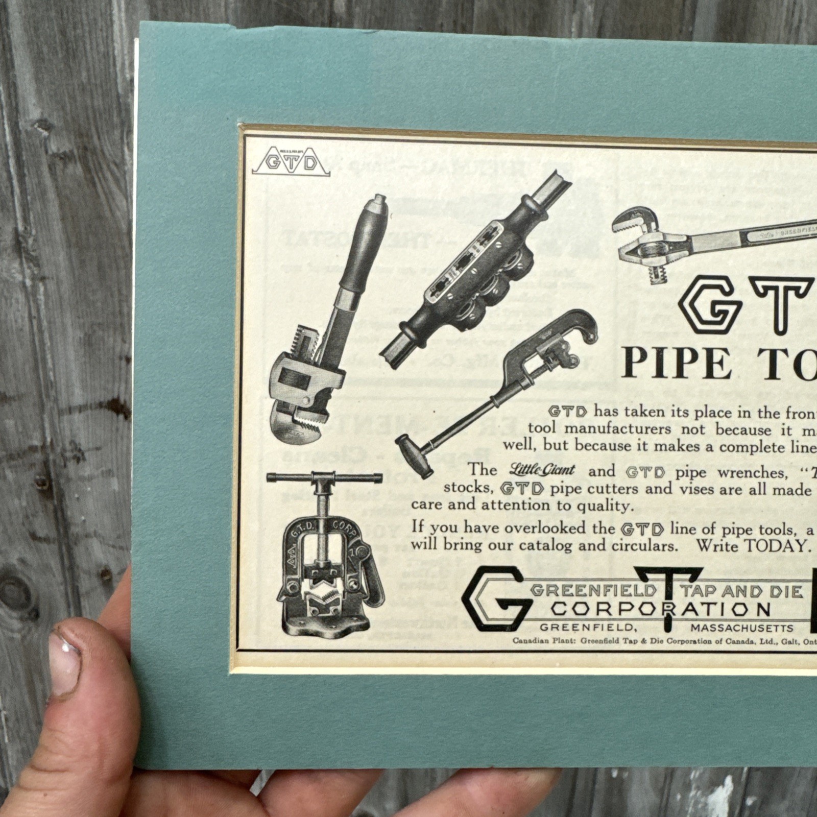 Greenfield tap and die corporation GTD Pipe Tools Advertising 7×9”