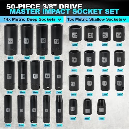 Impact Socket Set, 3/8 inch 50 Piece SAE and Metric Set, Standard SAE (5/16 t…