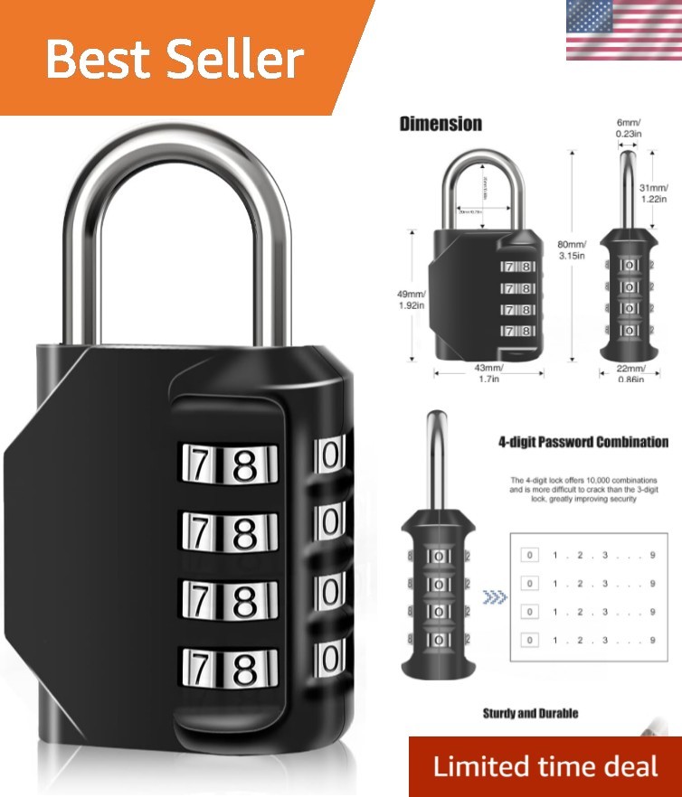 Combination Lock Waterproof 4 Digit Padlocks with Combination Code, Zinc Allo…