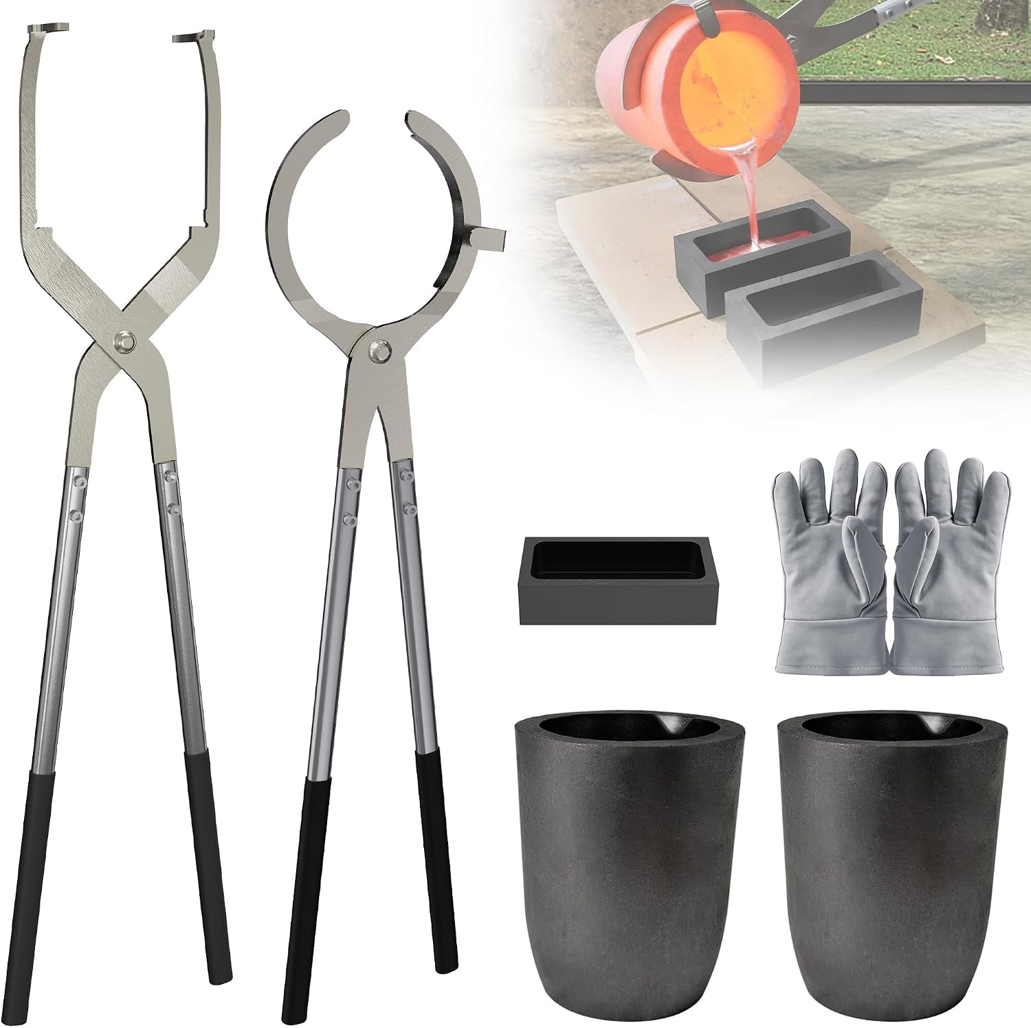 #6 (13.2Lbs-6Kg) Crucible Tongs Set Pro for Melting Metal Casting | Includes Lif