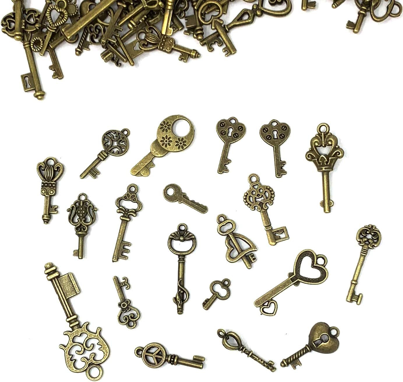125 PCS Vintage Skeleton Key Set Charms, Mixed Antique Style Bronze Brass for P