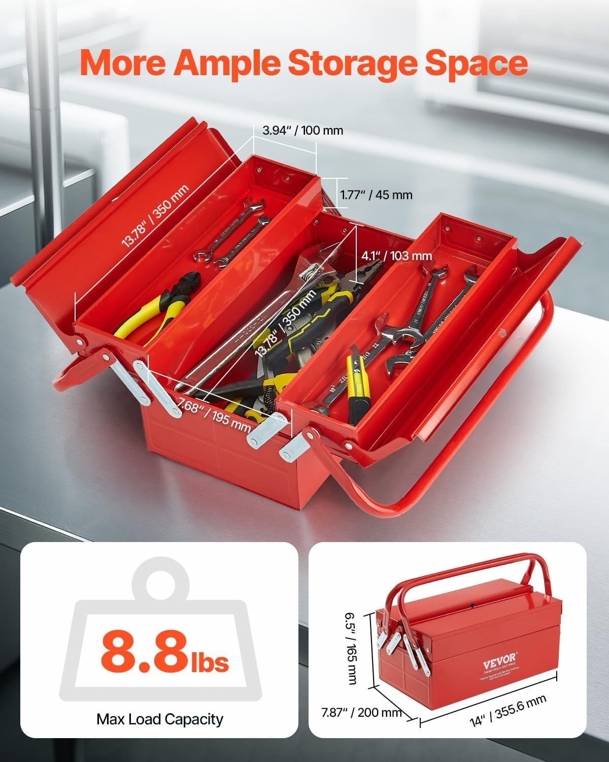 Two Tier 14 Inch Tool Chest with Ample Storage for Household and Factory Use