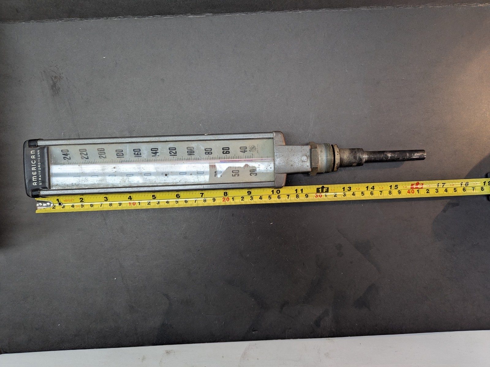 American Stratford Conn Angle Industrial Steampunk Large Thermometer 0-240 USA