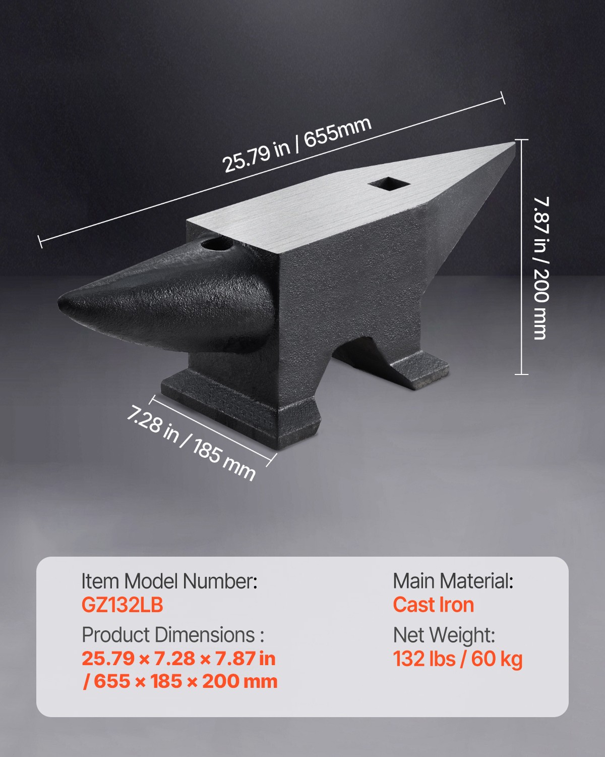 VEVOR Blacksmith Anvil Steel Round Horn Anvil 132lb 60kg 2 Holes for Metal Work