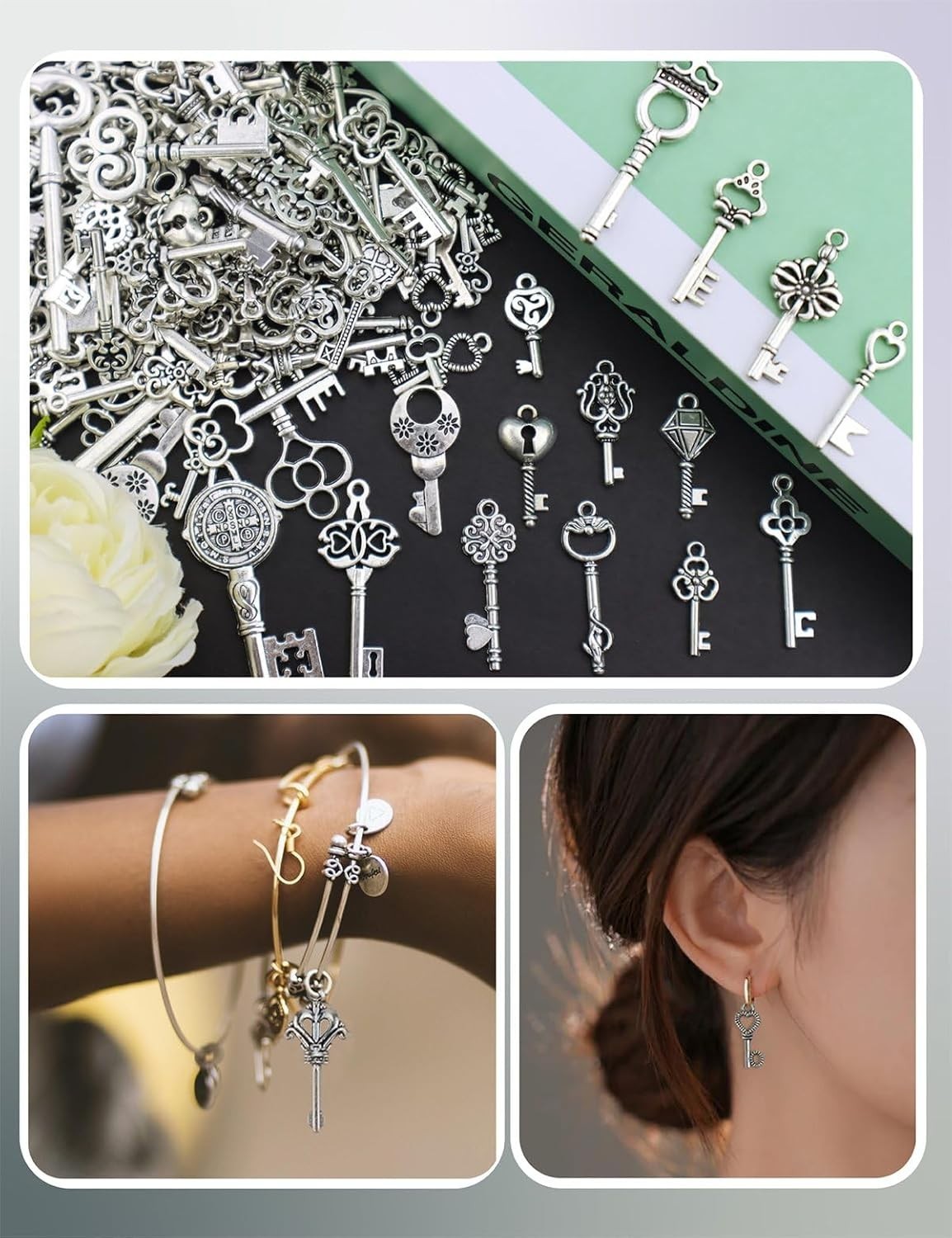 125PCS Vintage Skeleton Keys, Steampunk Accessories Antique Silver Charms for…
