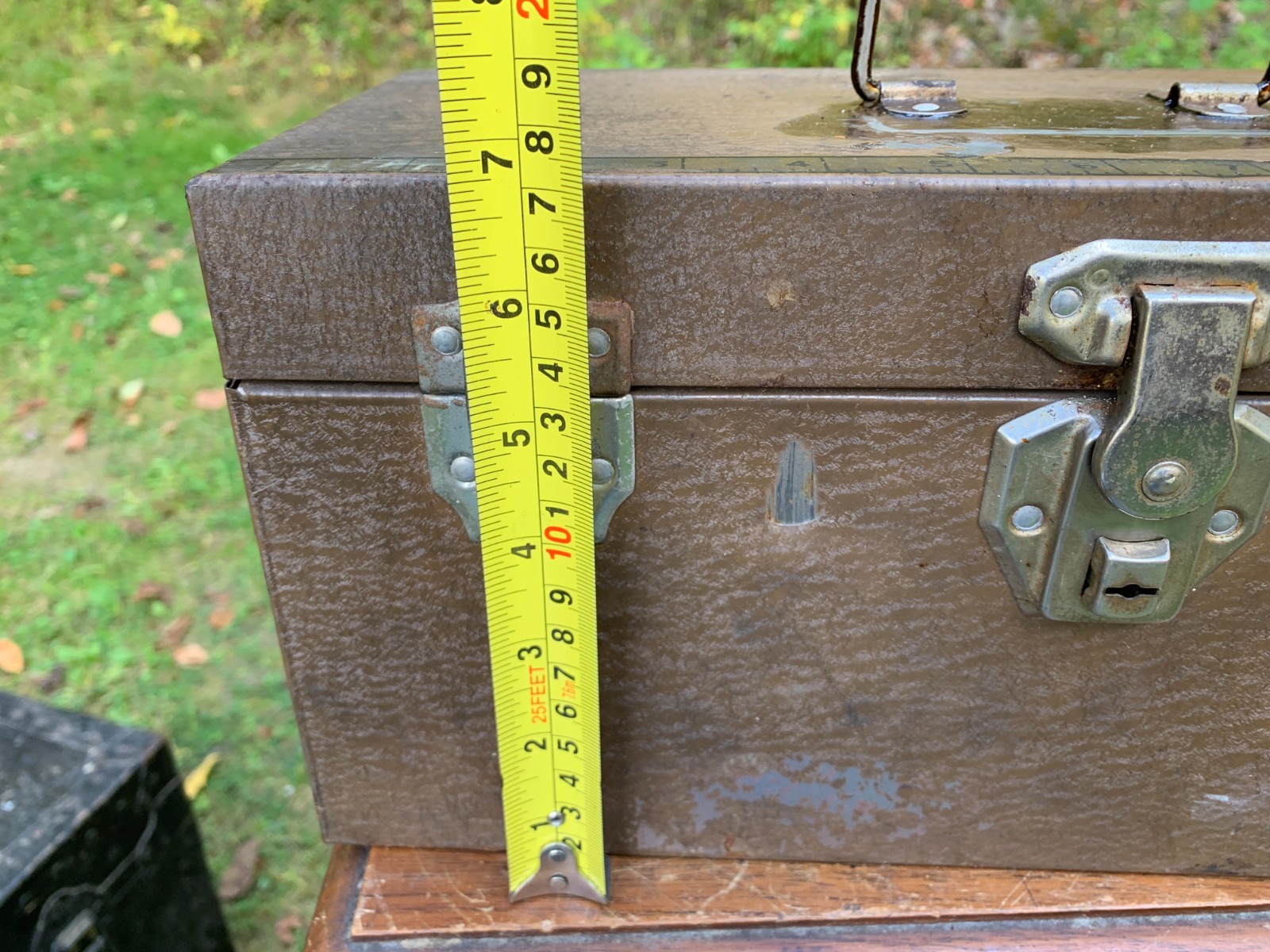vintage metal toolbox manufactured by the Justus Electric Company Ltd.