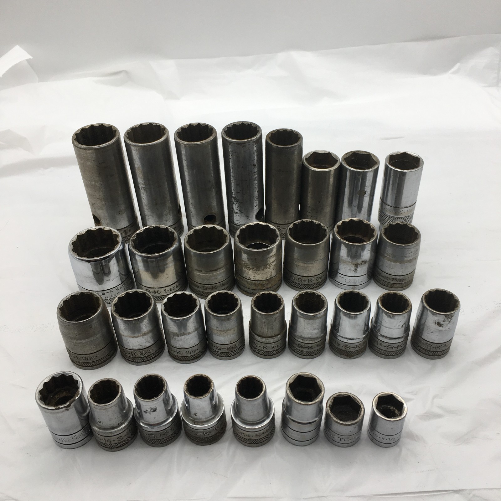 S-K Tools Sockets 6-Point & 12-Point 3/8″ & 1/2″ Drive 32 Sockets Vintage U.S.A.