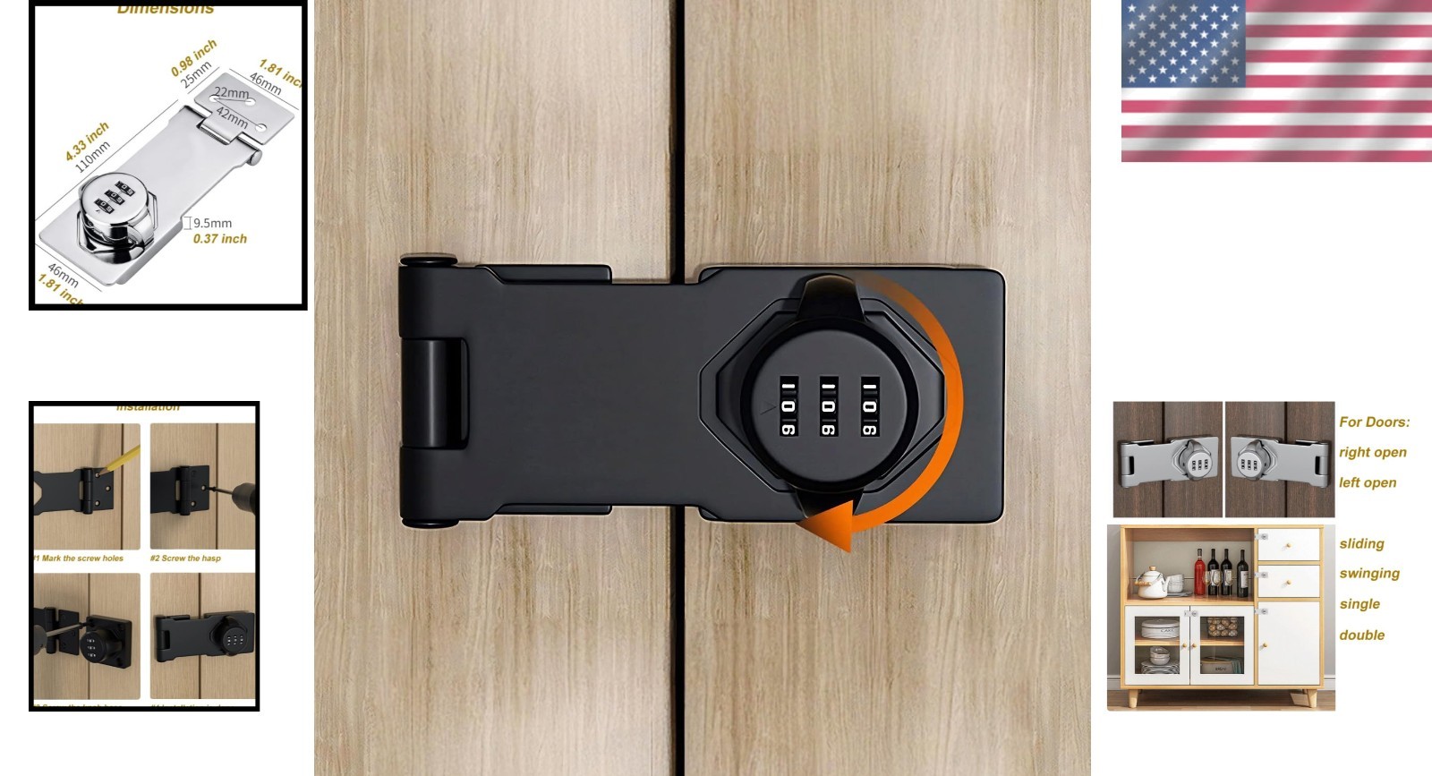 Keyless 3-Digit Combination Lock for Cabinet – Black