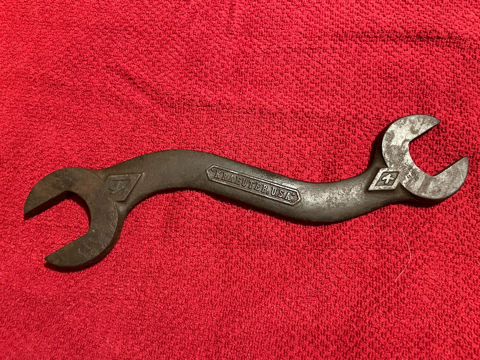 Vintage Kraeuter Cast Iron Curved Open-end Wrench Diamond K Markings Implement