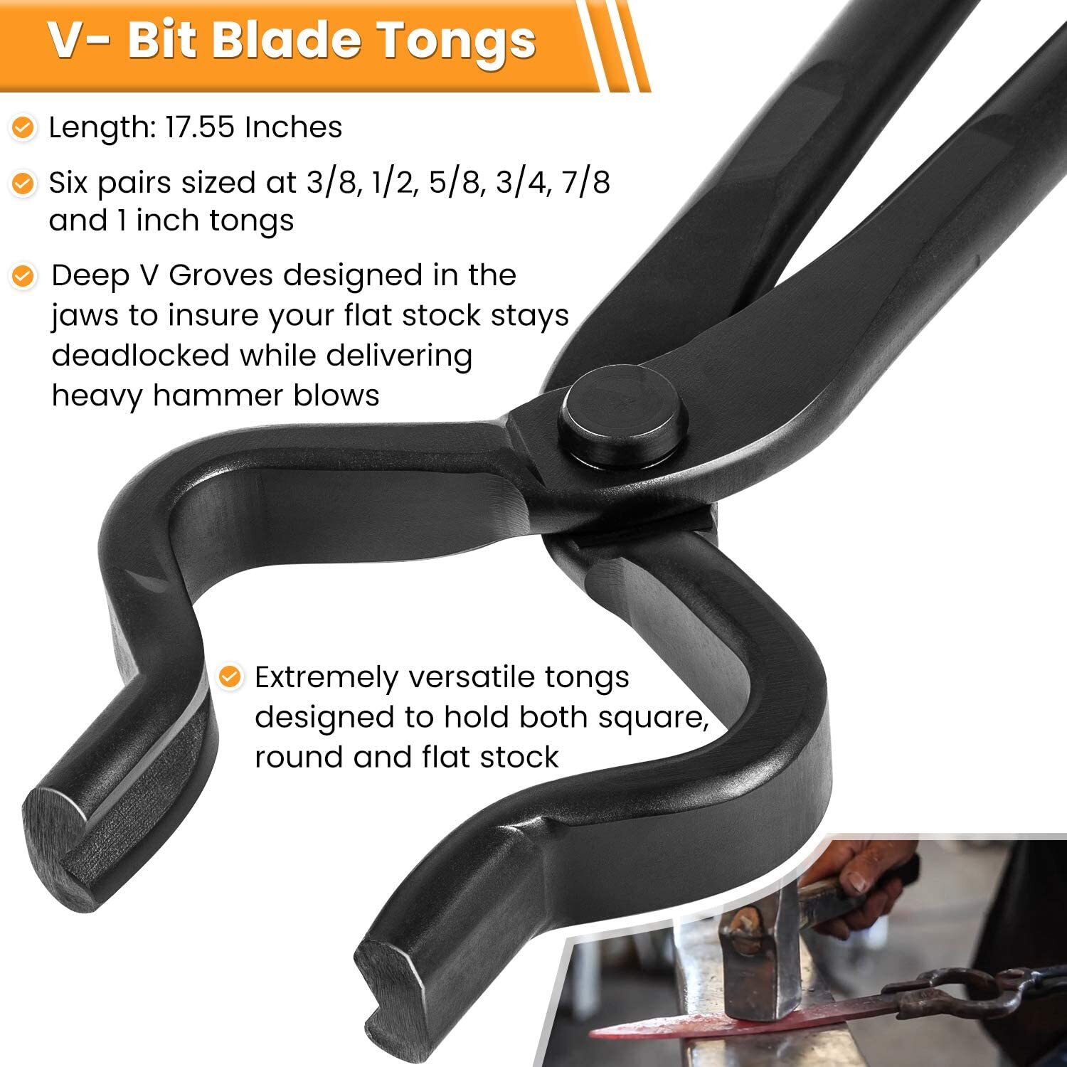 V Bolt Tongs Set Blacksmith Forge Tong Set Includes 3/8 1/2 5/8 3/4 7/8 1 Inch