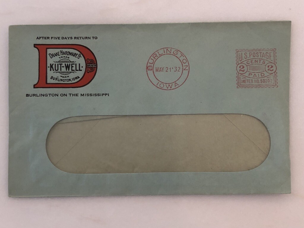 1932 DRAKE HARDWARE Kut-Well BURLINGTON Iowa Envelope Cover ADVERTISING