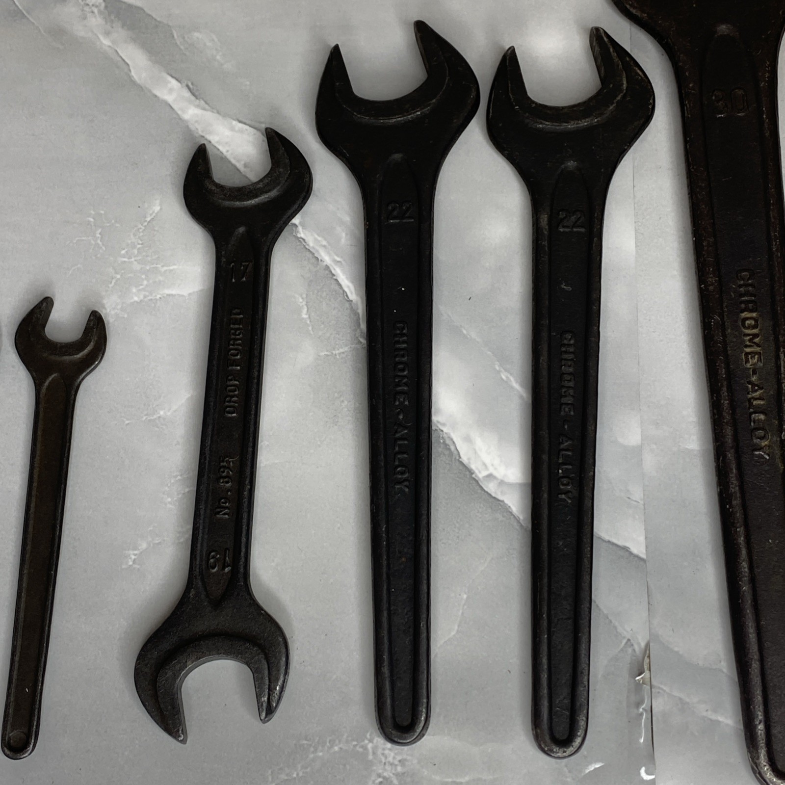 (8) Vintage Spanner Wrenches 30MM x 2, 22MM x 2, 17 / 19MM Combo, 12MM x 2, 10MM