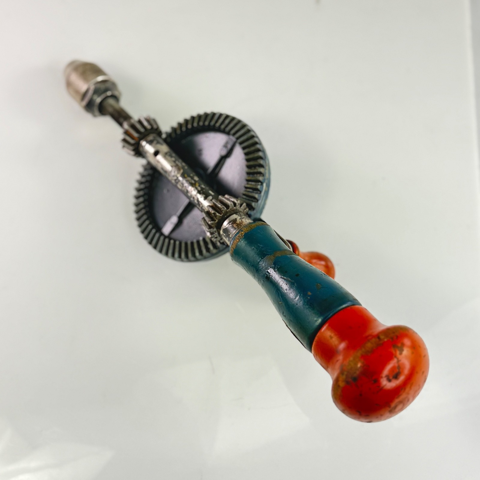 Vintage Bevel Gear Hand Drill Morse Taper Chuck Red Blue Handle 10″
