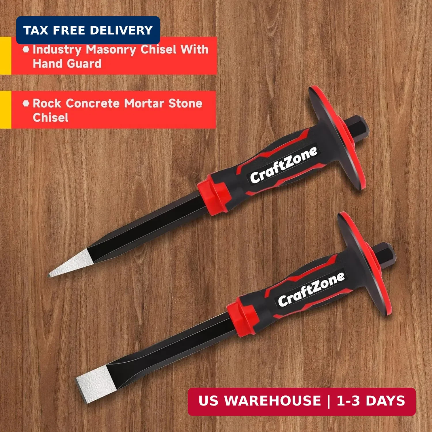 Masonry Chisel Set – 2-Piece Heavy Duty Pointed & Flat Rock Chisels, Concrete St