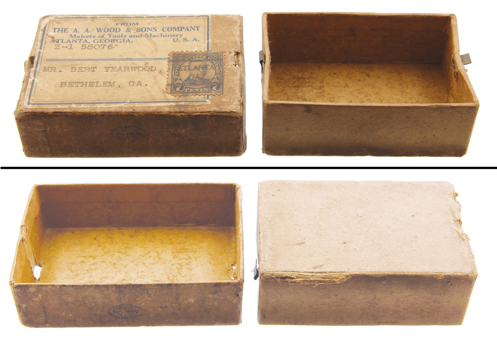 Orig. Small Parts Shipping Box – A.A. Wood & Son – McKinley Stamp – mjdtoolparts
