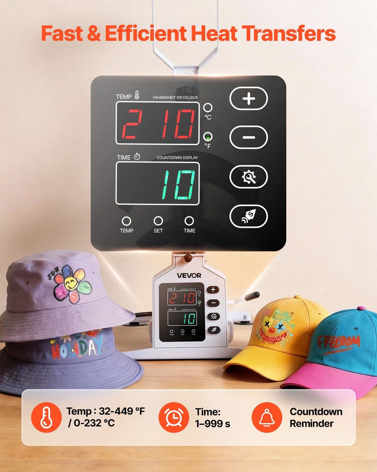 8.5x4in Hat Press: 32-449°F Range, 1-999s Timer, Auto Shut-Off