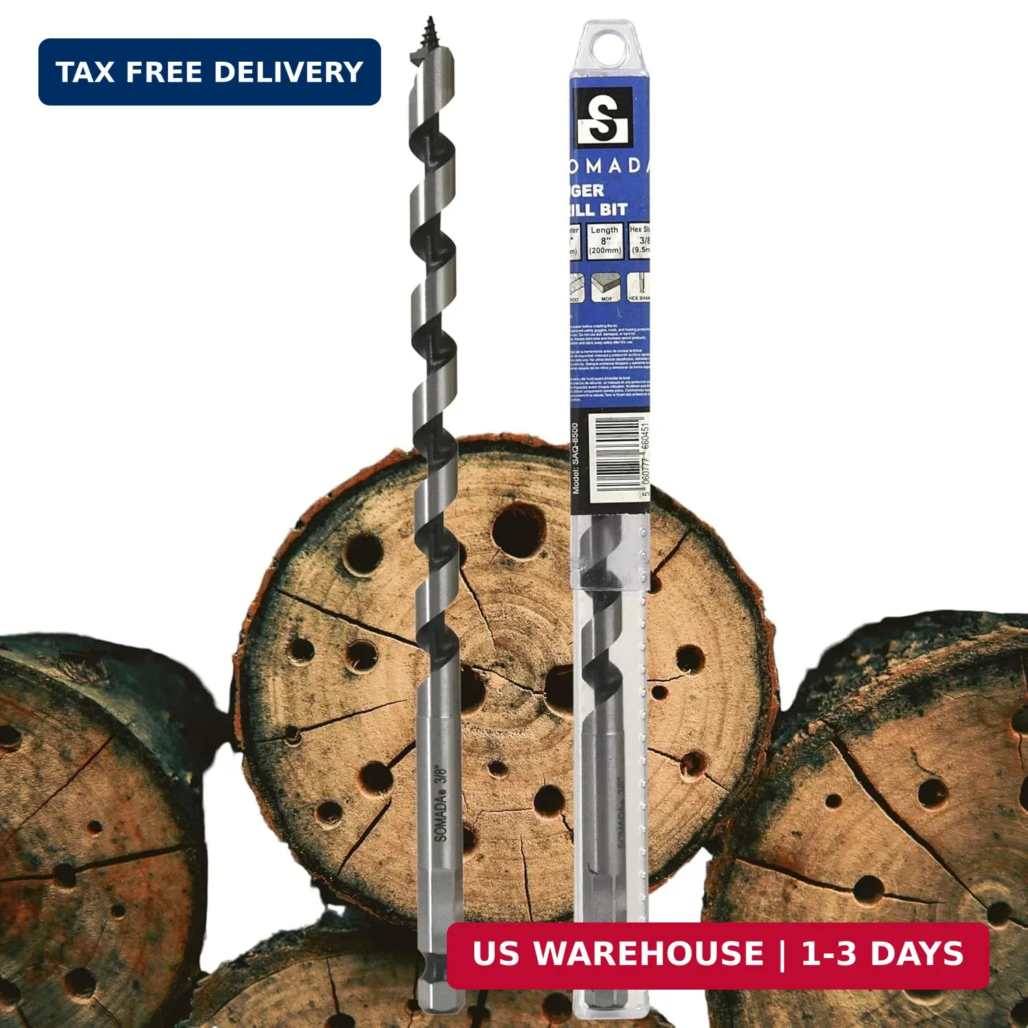 SOMADA 3/8-Inch x 8-Inch Auger Drill Bit for Wood, Quick Change Hex Shank 3/8-In