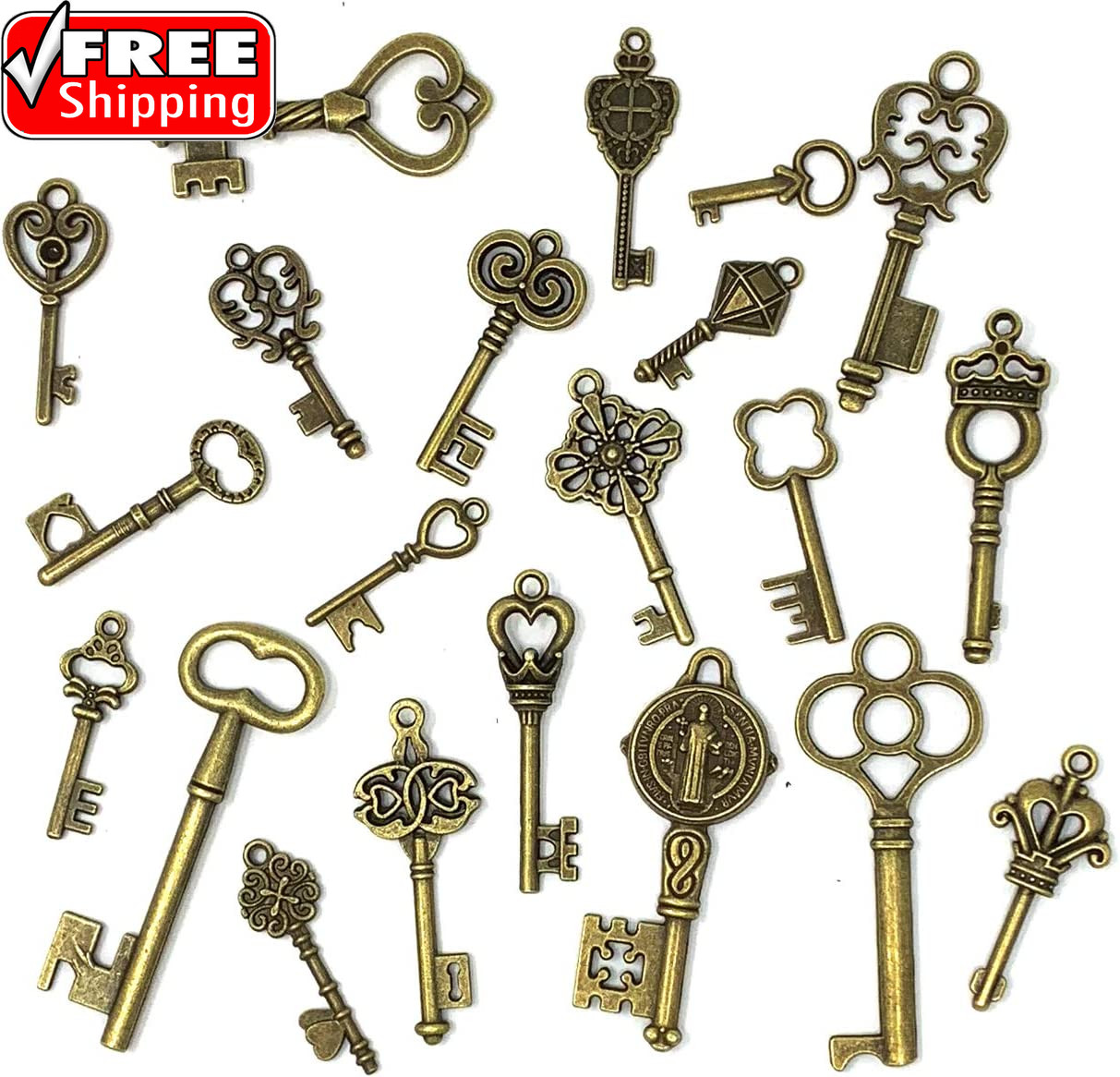 125 PCS Vintage Skeleton Key Set Charms, Mixed Antique Style Bronze Brass for P